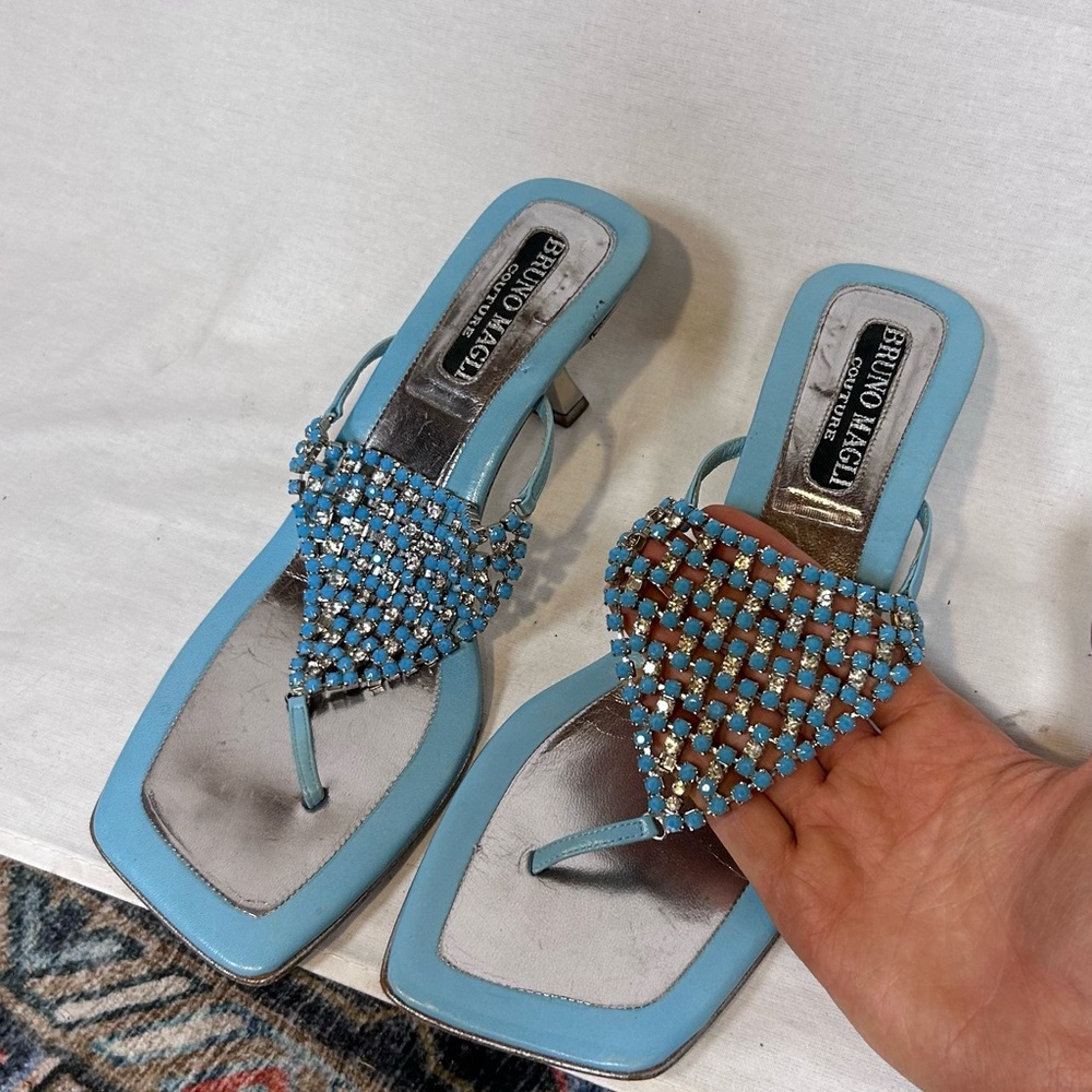 Vintage Y2K Bruno Magli Couture Aqua Rhinestone Kitten Heel Sandals Women's 7.5 - Picture 2 of 8